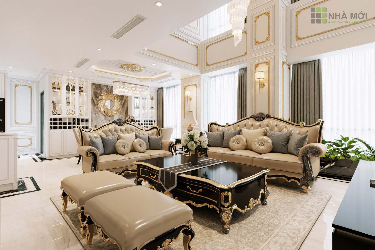 Phòng khách căn hộ với điểm nổi bật là bộ sofa cao cấp