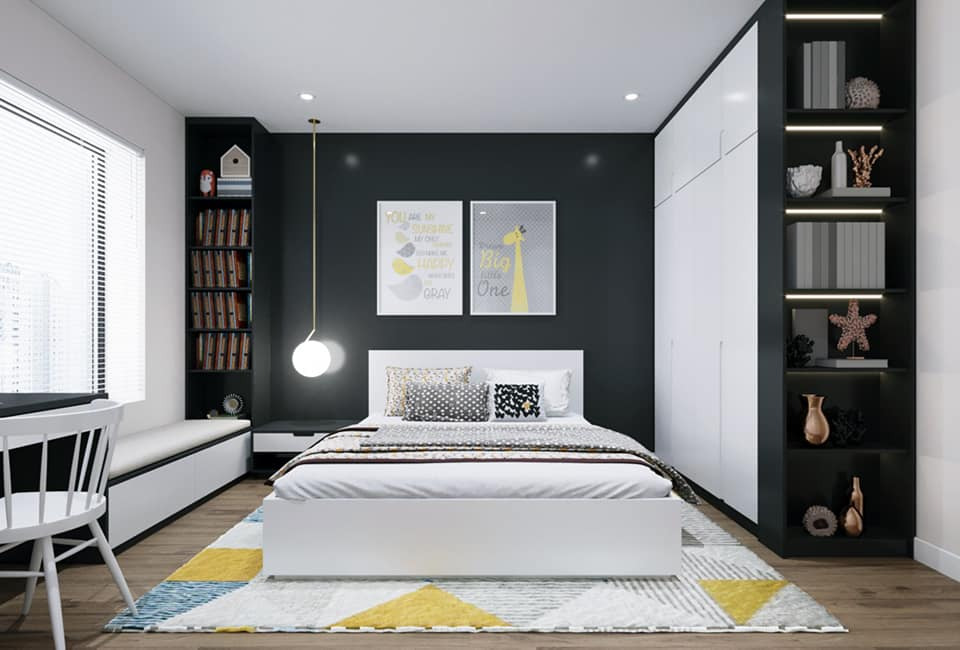 Phòng ngủ 3 đơn giản với tủ quần áo kết hợp kệ trang trí
