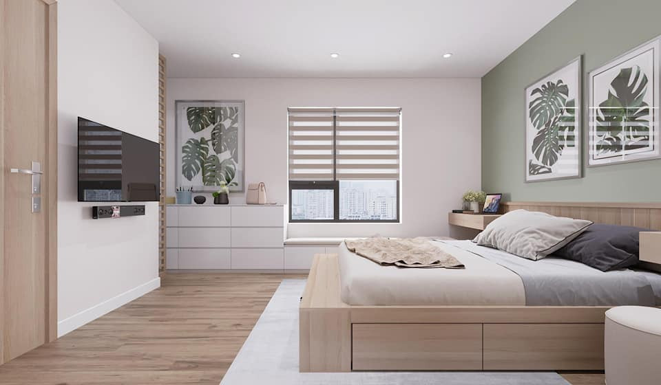 Phòng ngủ 1 nhẹ nhàng với chiếc giường gỗ đơn giản