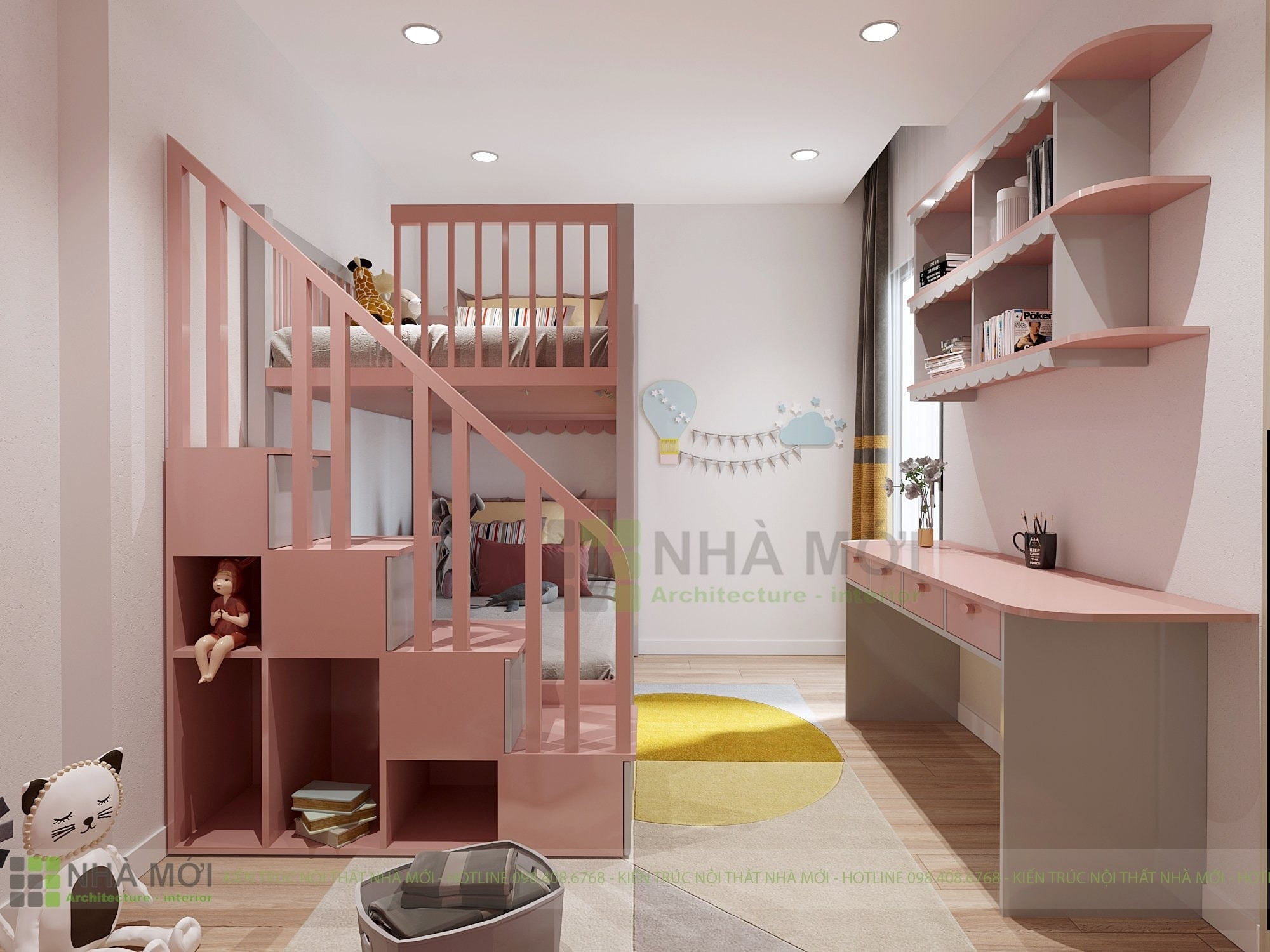 Phòng ngủ 2 cho bé với thiết kế giường tầng và tone màu hồng nữ tính