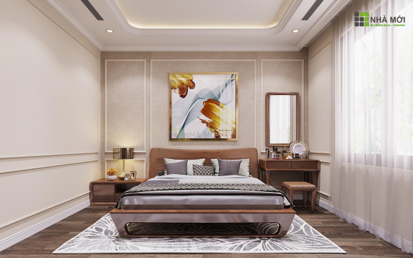 Phòng ngủ được thiết kế ấm áp, gần gũi với tông màu nâu trầm của gỗ óc chó